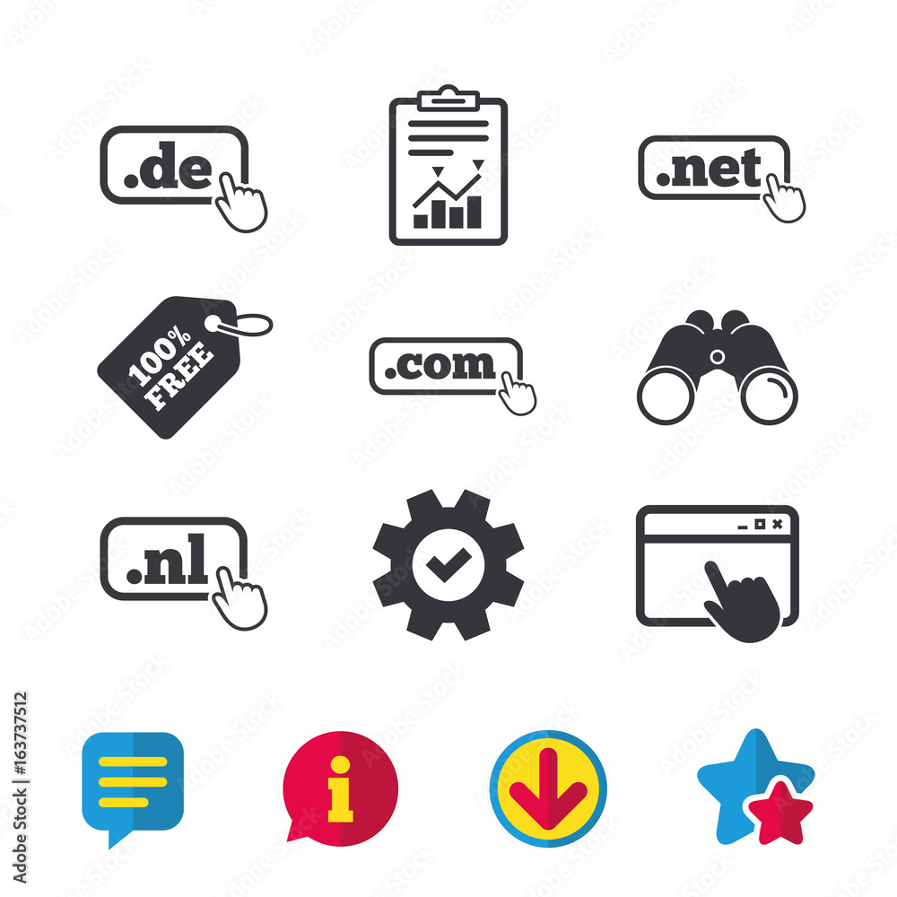 Top-level internet domain icons. De, Com, Net and Nl symbols with hand pointer. Unique national DNS names. Browser window, Report and Service signs. Binoculars, Information and Download icons. Vector Top-level internet domain icons. De, Com, Net and Nl symbols with hand pointer. Unique national DNS names. Browser window, Report and Service signs. Binoculars, Information and Download icons. Vector