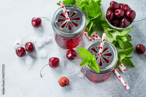Refreshing summer drink with cherry and mint. The concept of healthy and dietary nutrition.
