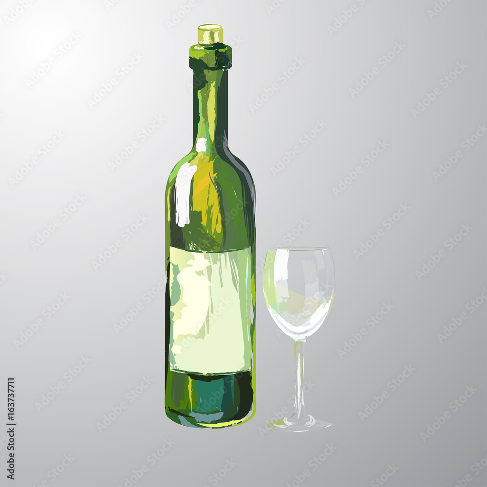 Illustration of bottle and glass of white wine