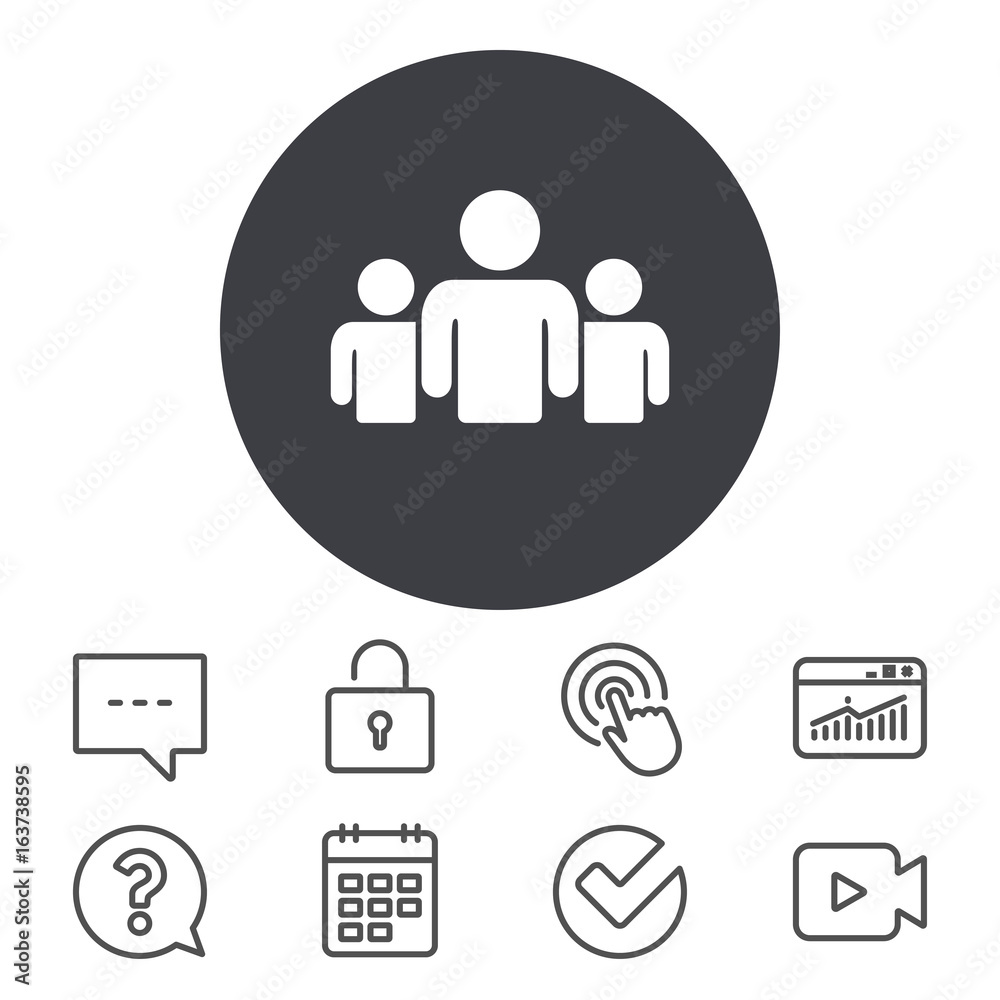 Group of people sign icon. Share symbol. Calendar, Locker and Speech bubble line signs. Video camera, Statistics and Question icons. Vector Group of people sign icon. Share symbol. Calendar, Locker and Speech bubble line signs. Video camera, Statistics and Question icons. Vector