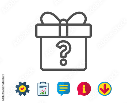 Gift box with Question mark line icon. Present or Sale sign. Birthday Shopping symbol. Package in Gift Wrap. Report, Service and Information line signs. Download, Speech bubble icons. Editable stroke