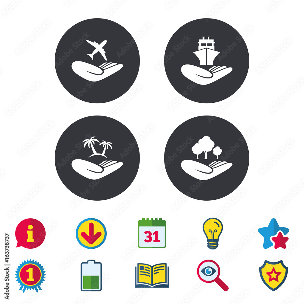 Helping hands icons. Travel flight or shipping insurance symbol. Palm tree sign. Save nature forest. Calendar, Information and Download signs. Stars, Award and Book icons. Vector Helping hands icons. Travel flight or shipping insurance symbol. Palm tree sign. Save nature forest. Calendar, Information and Download signs. Stars, Award and Book icons. Vector