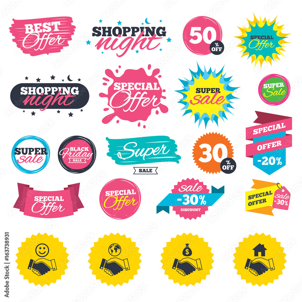 Sale shopping banners. Handshake icons. World, Smile happy face and house building symbol. Dollar cash money bag. Amicable agreement. Web badges, splash and stickers. Best offer. Vector