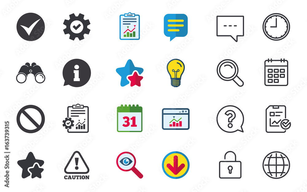 Information icons. Stop prohibition and attention caution signs. Approved check mark symbol. Chat, Report and Calendar signs. Stars, Statistics and Download icons. Question, Clock and Globe. Vector