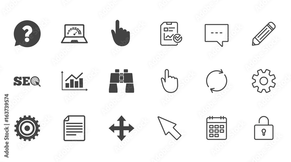 Internet, seo icons. Analysis chart, page and computer signs. Question speech bubble symbol. Chat, Report and Calendar line signs. Service, Pencil and Locker icons. Click, Rotation and Cursor. Vector