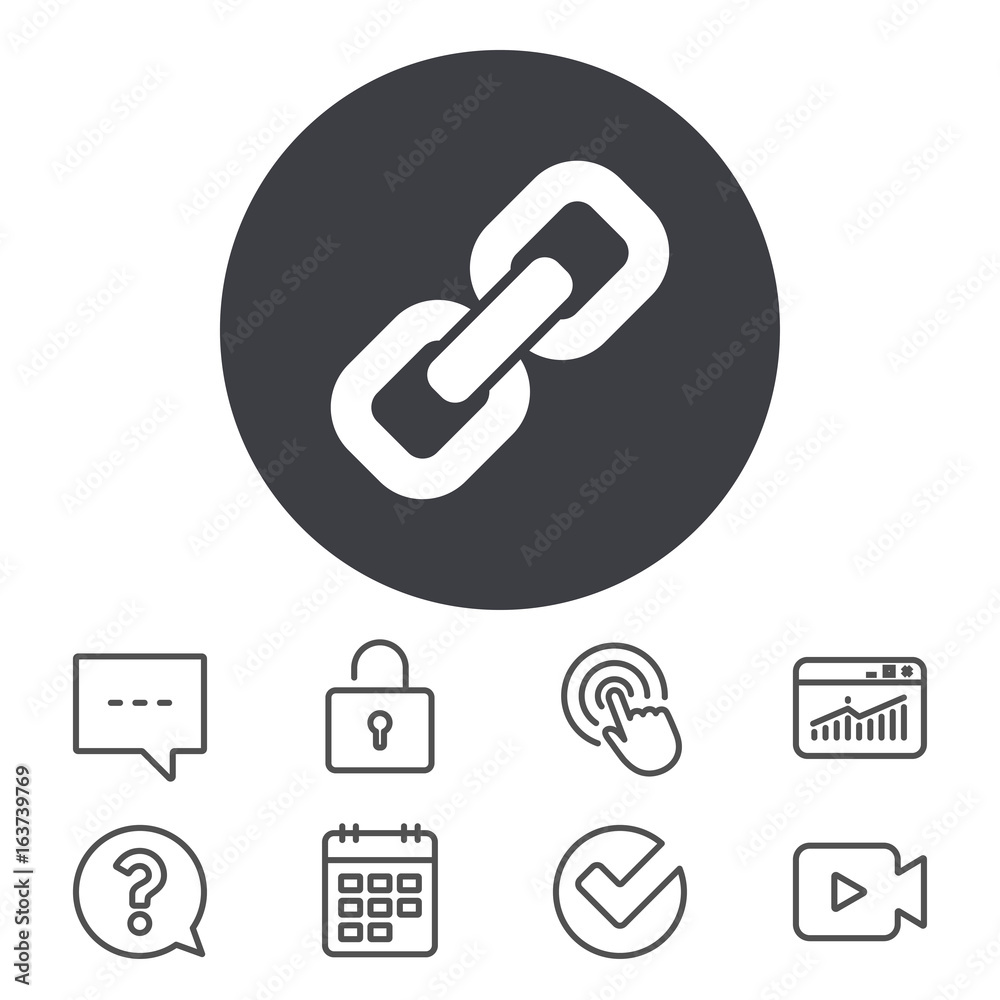 Link sign icon. Hyperlink chain symbol. Calendar, Locker and Speech bubble line signs. Video camera, Statistics and Question icons. Vector Link sign icon. Hyperlink chain symbol. Calendar, Locker and Speech bubble line signs. Video camera, Statistics and Question icons. Vector