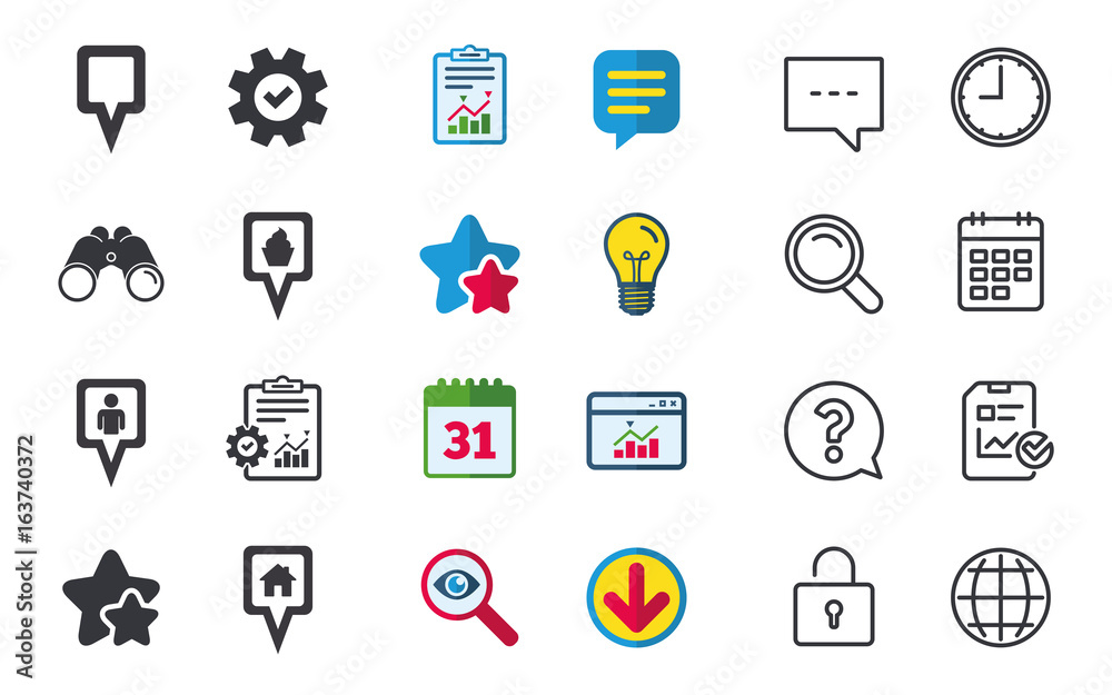 Map square pointer icons. Home, food and user location symbols. Restaurant and cupcake signs. You are here. Chat, Report and Calendar signs. Stars, Statistics and Download icons. Vector Map square pointer icons. Home, food and user location symbols. Restaurant and cupcake signs. You are here. Chat, Report and Calendar signs. Stars, Statistics and Download icons. Vector