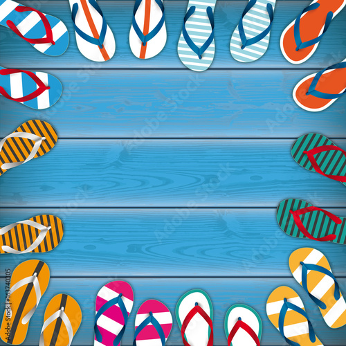 Colored Flip-Flops Wooden Background Centre