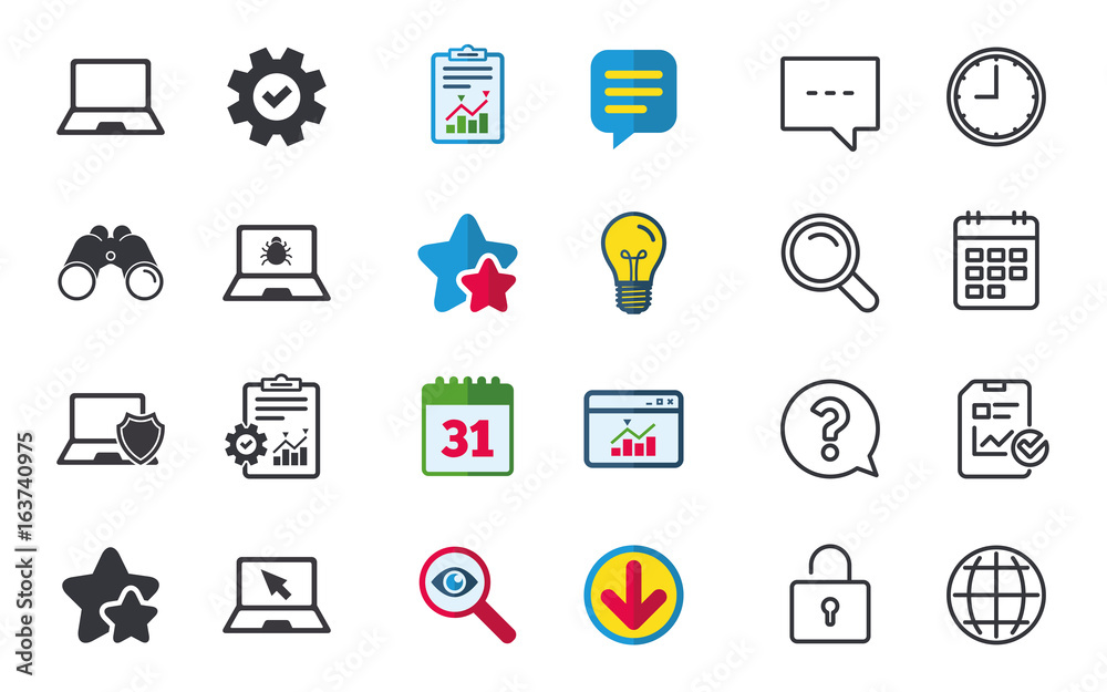 Notebook laptop pc icons. Virus or software bug signs. Shield protection symbol. Mouse cursor pointer. Chat, Report and Calendar signs. Stars, Statistics and Download icons. Question, Clock and Globe Notebook laptop pc icons. Virus or software bug signs. Shield protection symbol. Mouse cursor pointer. Chat, Report and Calendar signs. Stars, Statistics and Download icons. Question, Clock and Globe