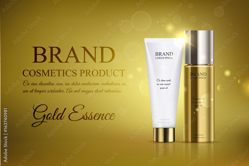 A beautiful cosmetic ads template, gold bottle hair oil with white cosmetic tube design on a gold shiny background. A beautiful cosmetic ads template, gold bottle hair oil with white cosmetic tube design on a gold shiny background.