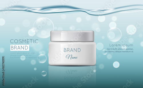 A beautiful cosmetic template for ads, realistic 3d white cosmetic bank on a blue shiny background with water bubbles and bokeh. 