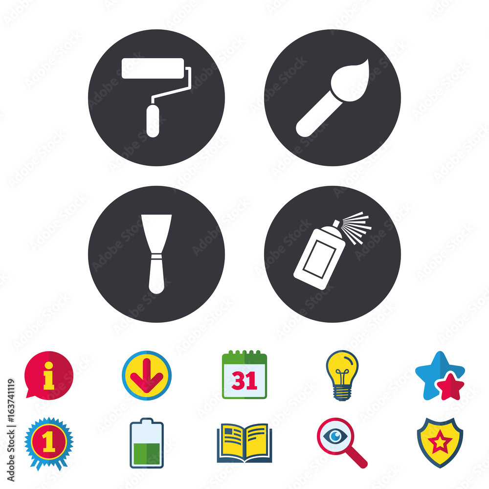 Paint roller, brush icons. Spray can and Spatula signs. Wall repair tool and painting symbol. Calendar, Information and Download signs. Stars, Award and Book icons. Light bulb, Shield and Search