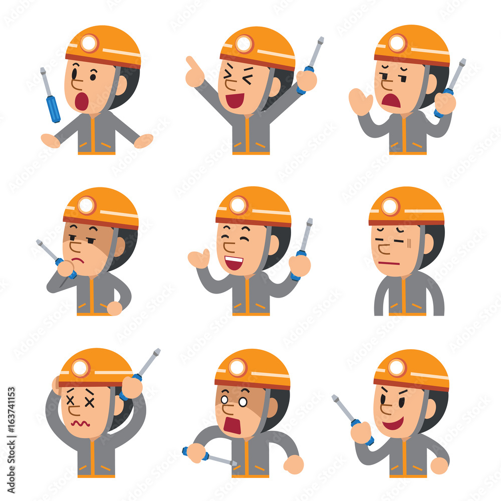 Cartoon technician showing different emotions set Cartoon technician showing different emotions set