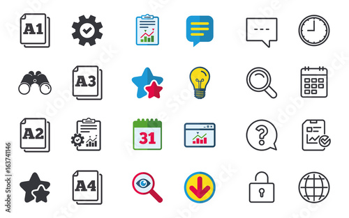 Paper size standard icons. Document symbols. A1, A2, A3 and A4 page signs. Chat, Report and Calendar signs. Stars, Statistics and Download icons. Question, Clock and Globe. Vector