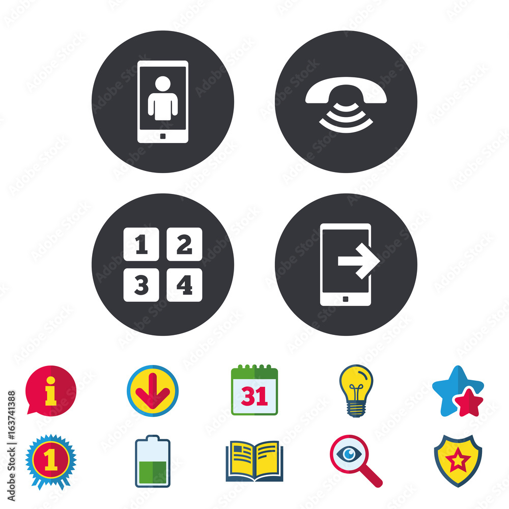 Phone icons. Smartphone video call sign. Call center support symbol. Cellphone keyboard symbol. Calendar, Information and Download signs. Stars, Award and Book icons. Light bulb, Shield and Search