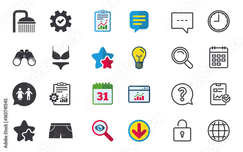 Swimming pool icons. Shower water drops and swimwear symbols. WC Toilet speech bubble sign. Trunks and women underwear. Chat, Report and Calendar signs. Stars, Statistics and Download icons. Vector