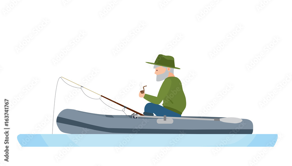 Fisherman is fishing in middle of river, in rubber boat.