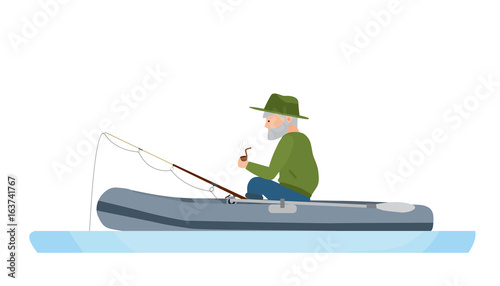 Fisherman is fishing in middle of river, in rubber boat.