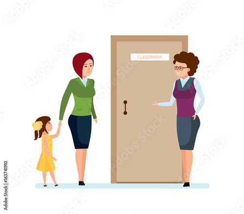 Mom and daughter go for first time to school teacher.