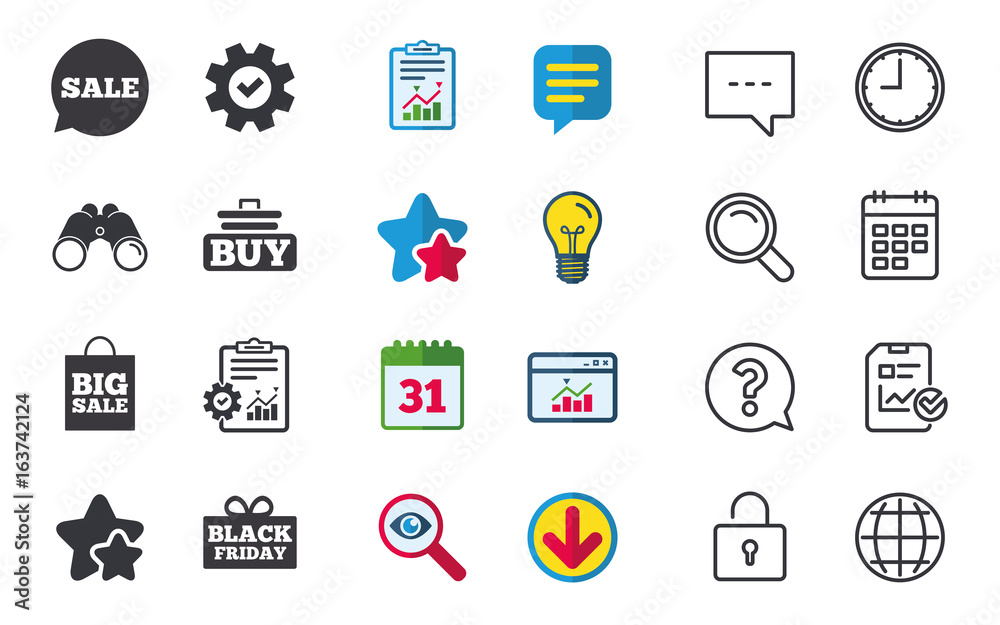 Sale speech bubble icons. Buy cart symbols. Black friday gift box signs. Big sale shopping bag. Chat, Report and Calendar signs. Stars, Statistics and Download icons. Question, Clock and Globe. Vector