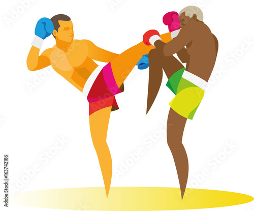 Athlete kickboxer attacks an opponent with a kick