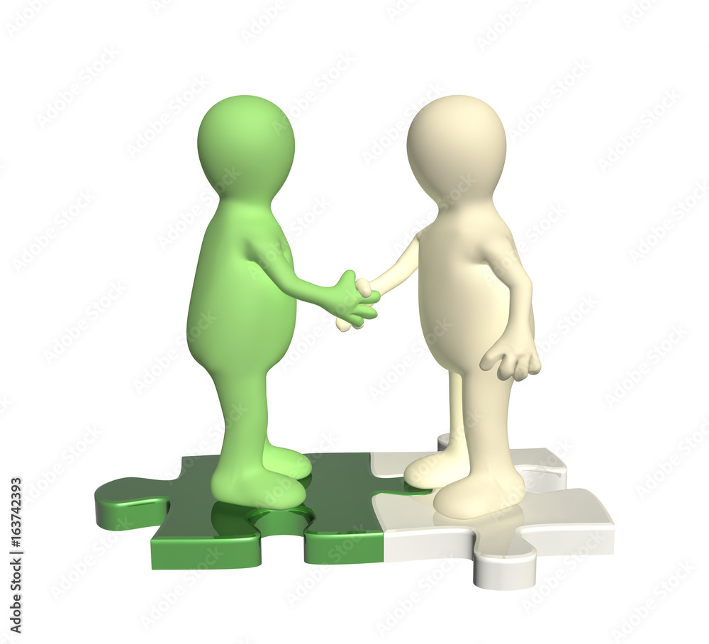 Handshake two 3d mans on attached parts of puzzles Handshake two 3d mans on attached parts of puzzles
