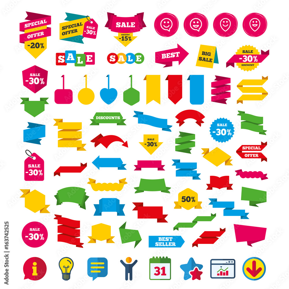 Happy face speech bubble icons. Smile sign. Map pointer symbols. Shopping tags, banners and coupons signs. Calendar, Information and Download icons. Stars, Statistics and Chat. Vector