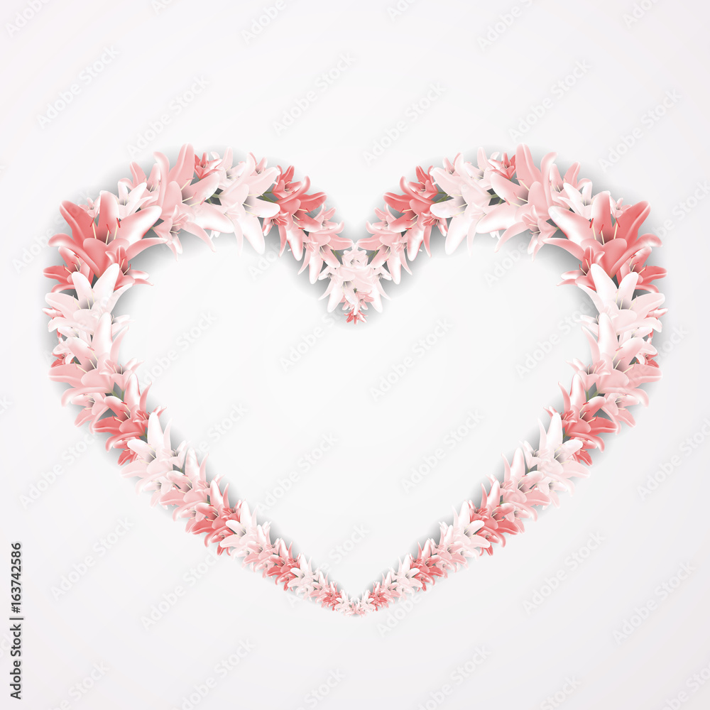 Vector floral frame in the shape of heart. Design elements with red lily flowers.