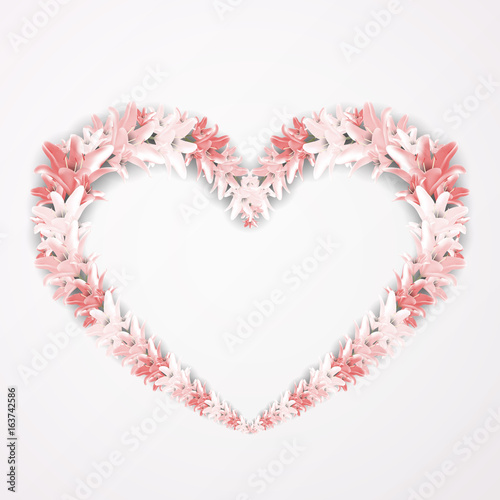 Vector floral frame in the shape of heart. Design elements with red lily flowers.
