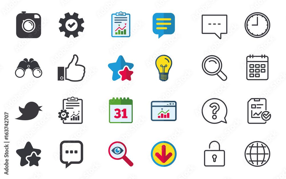 Hipster photo camera icon. Like and Chat speech bubble sign. Hand thumb up. Bird symbol. Chat, Report and Calendar signs. Stars, Statistics and Download icons. Question, Clock and Globe. Vector Hipster photo camera icon. Like and Chat speech bubble sign. Hand thumb up. Bird symbol. Chat, Report and Calendar signs. Stars, Statistics and Download icons. Question, Clock and Globe. Vector