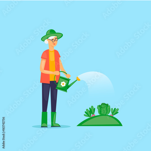 Grandmother watered the garden, retired, gardener. Flat design vector illustration.