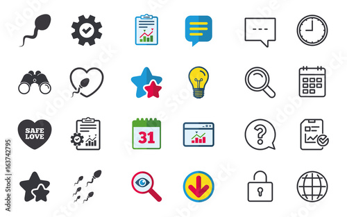Sperm icons. Fertilization or insemination signs. Safe love heart symbol. Chat, Report and Calendar signs. Stars, Statistics and Download icons. Question, Clock and Globe. Vector