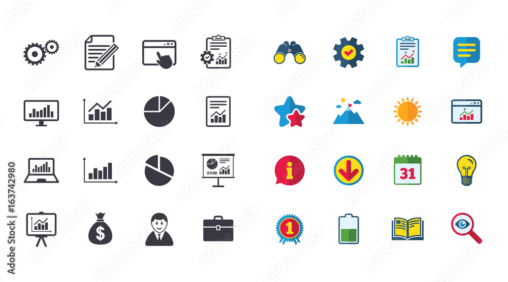 Set of Statistics, Accounting and Report icons. Charts, Presentation and Pie-chart signs. Analysis, Money bag and Business case symbols. Calendar, Report and Browser window signs. Vector Set of Statistics, Accounting and Report icons. Charts, Presentation and Pie-chart signs. Analysis, Money bag and Business case symbols. Calendar, Report and Browser window signs. Vector