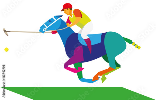 A rider on a horse is a player in a horse polo with a stick and a ball