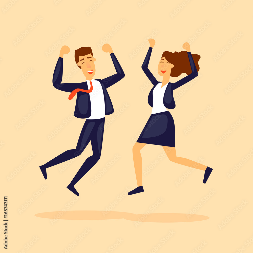 Guy and the girl jump from happiness business. Flat design vector illustration.