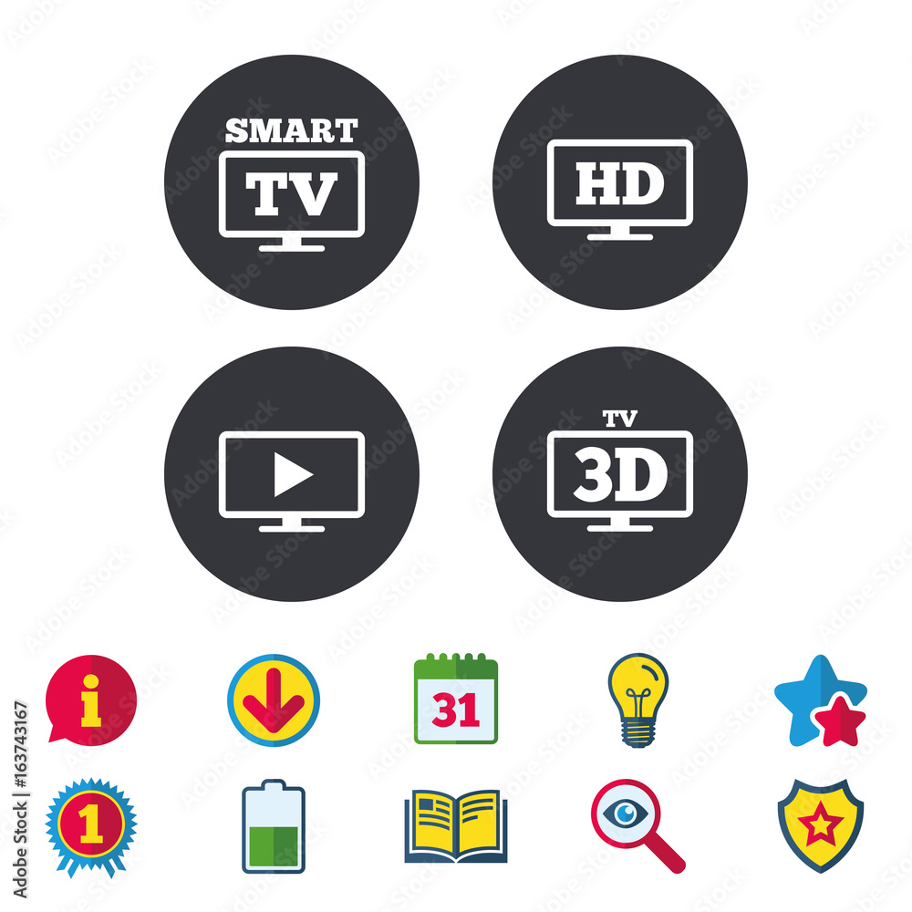 Smart TV mode icon. Widescreen symbol. High-definition resolution. 3D Television sign. Calendar, Information and Download signs. Stars, Award and Book icons. Light bulb, Shield and Search. Vector