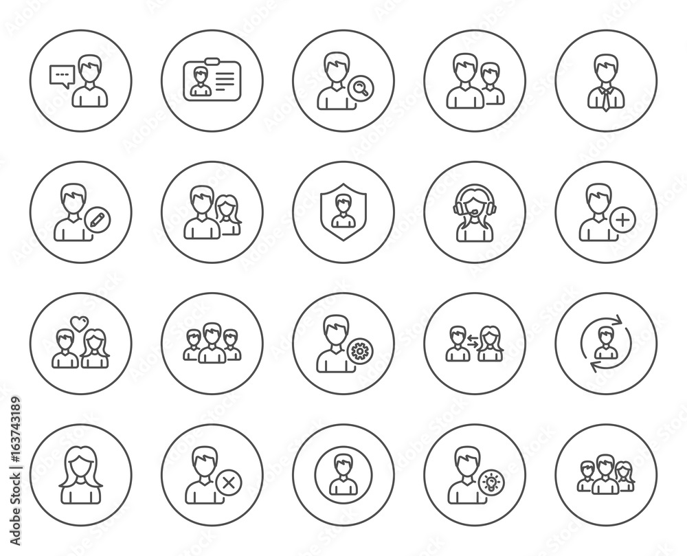 Users line icons. Male and Female Profiles, Group and Support signs. ID card, Teamwork and Businessman symbols. Couple love, Security and Human Management. Circle buttons with linear elements. Vector Users line icons. Male and Female Profiles, Group and Support signs. ID card, Teamwork and Businessman symbols. Couple love, Security and Human Management. Circle buttons with linear elements. Vector