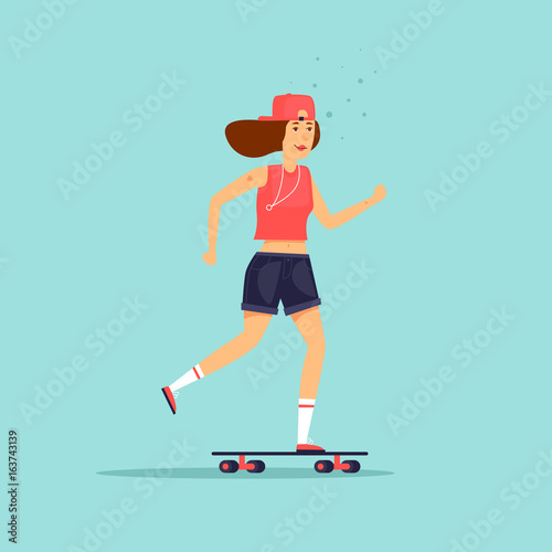 Girl is riding skateboard. Flat design vector illustration.