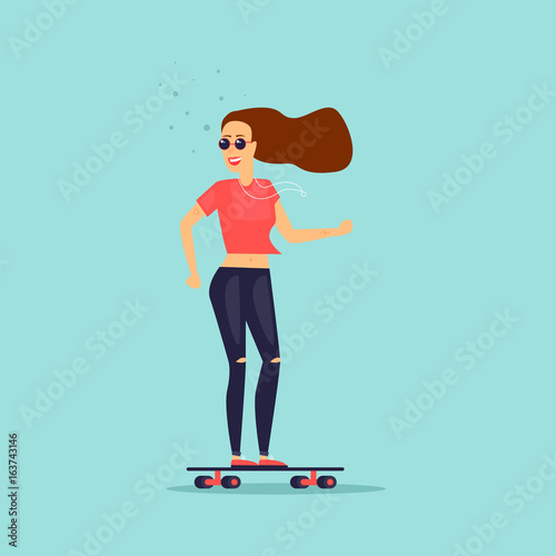Girl is riding skateboard. Flat design vector illustration.
