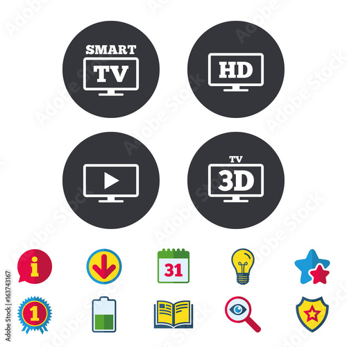 Smart TV mode icon. Widescreen symbol. High-definition resolution. 3D Television sign. Calendar, Information and Download signs. Stars, Award and Book icons. Light bulb, Shield and Search. Vector