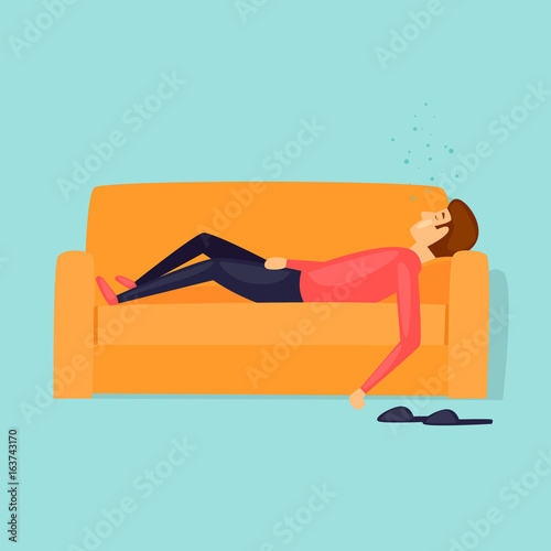Laziness, a man is sleeping on the couch. Flat design vector illustration.