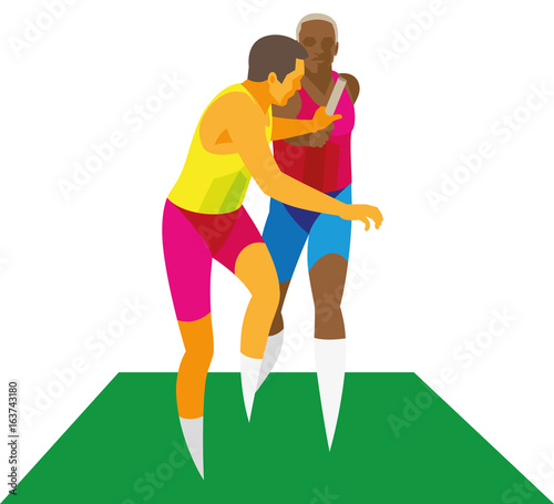 Two sprinters on the transfer of the baton  relay race stage