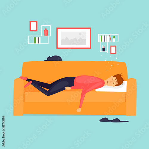 Laziness, a man is sleeping on the couch. Flat design vector illustration.