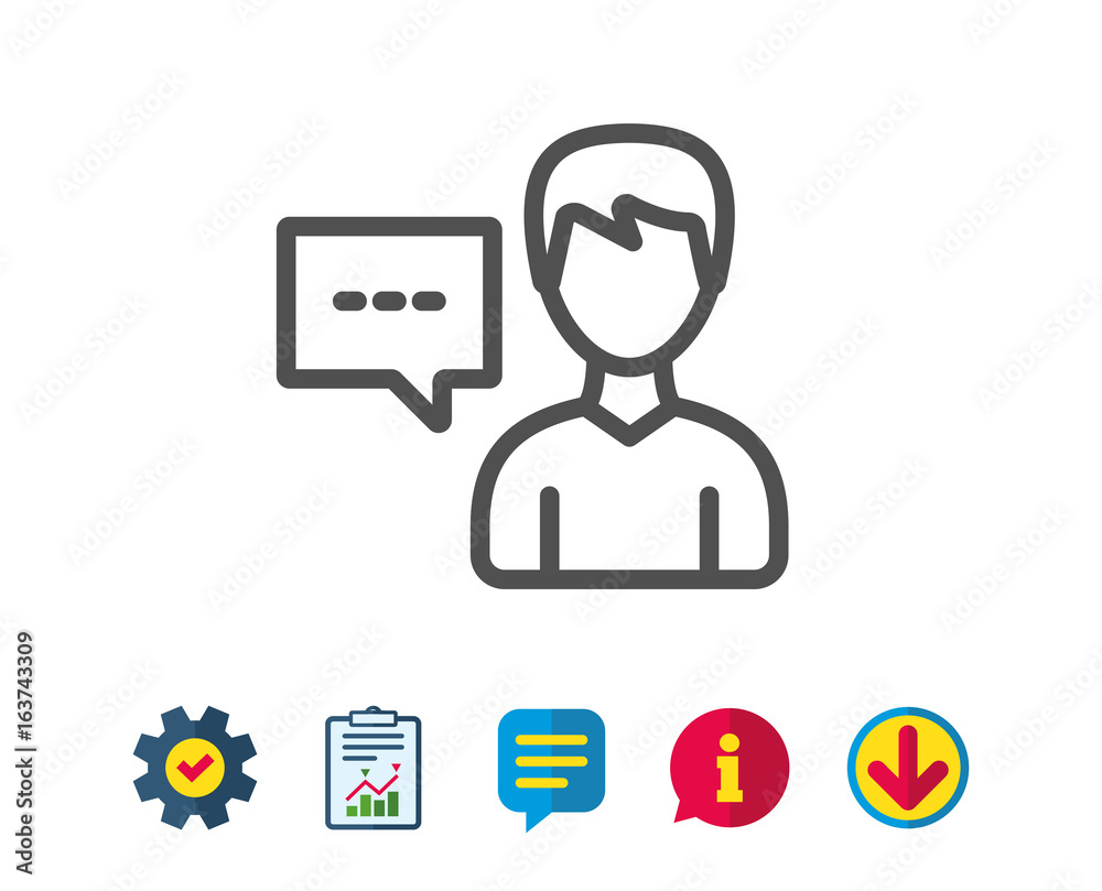 User communication line icon. Male Person with chat speech bubble sign. Human silhouette symbol. Report, Service and Information line signs. Download, Speech bubble icons. Editable stroke. Vector User communication line icon. Male Person with chat speech bubble sign. Human silhouette symbol. Report, Service and Information line signs. Download, Speech bubble icons. Editable stroke. Vector