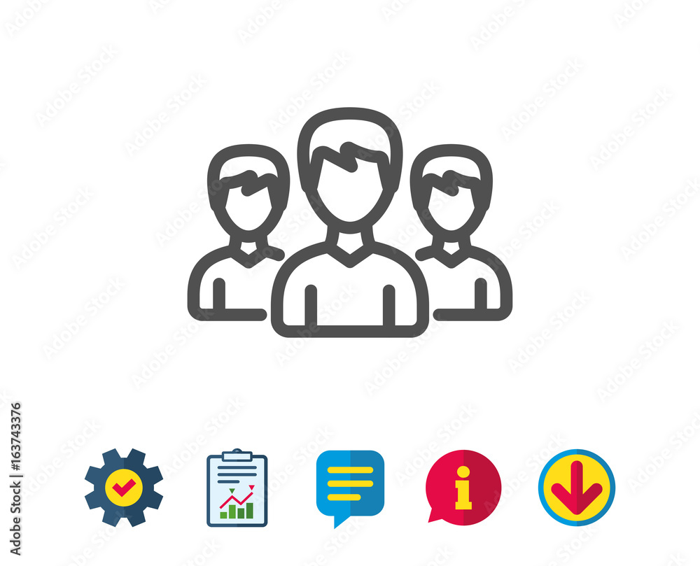 Group line icon. Users or Teamwork sign. Male Person silhouette symbol. Report, Service and Information line signs. Download, Speech bubble icons. Editable stroke. Vector Group line icon. Users or Teamwork sign. Male Person silhouette symbol. Report, Service and Information line signs. Download, Speech bubble icons. Editable stroke. Vector
