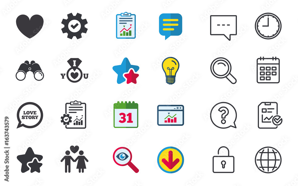 Valentine day love icons. I love you ring symbol. Couple lovers sign. Love story speech bubble. Chat, Report and Calendar signs. Stars, Statistics and Download icons. Question, Clock and Globe. Vector Valentine day love icons. I love you ring symbol. Couple lovers sign. Love story speech bubble. Chat, Report and Calendar signs. Stars, Statistics and Download icons. Question, Clock and Globe. Vector