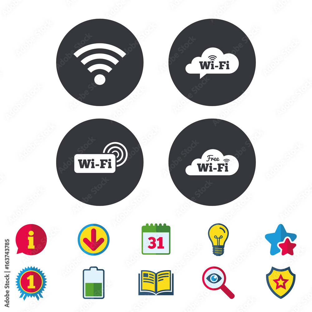 Free Wifi Wireless Network cloud speech bubble icons. Wi-fi zone sign symbols. Calendar, Information and Download signs. Stars, Award and Book icons. Light bulb, Shield and Search. Vector Free Wifi Wireless Network cloud speech bubble icons. Wi-fi zone sign symbols. Calendar, Information and Download signs. Stars, Award and Book icons. Light bulb, Shield and Search. Vector