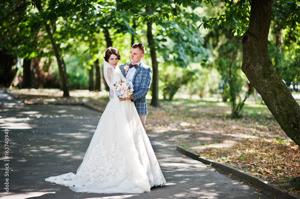 Attractive young wedding couple walking and posing in the park on a sunny day.