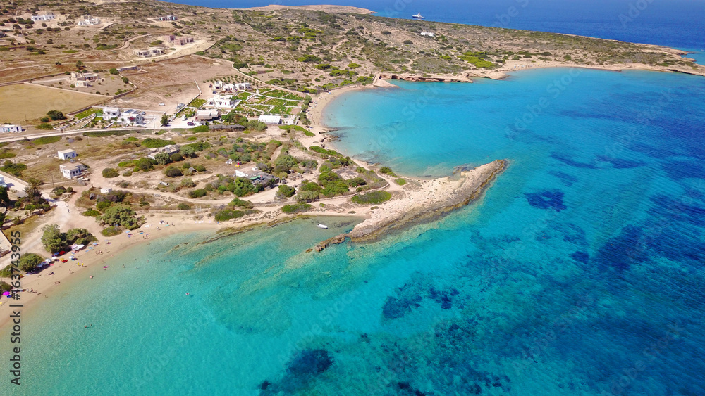 Aerial drone photo of Koufonisi island with clear turquoise waters, Cyclades, Greece