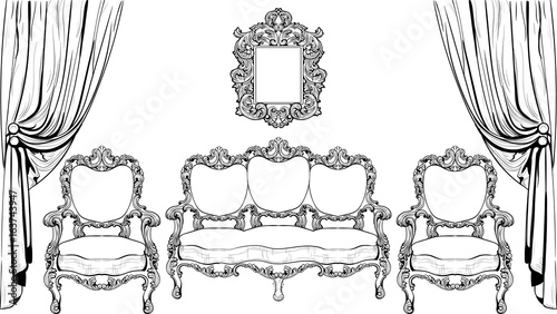 Baroque furniture with luxurious ornaments set. Vector French Luxury rich int...